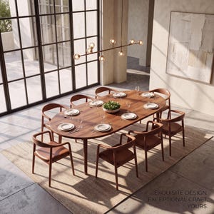 Pode incluir: Uma mesa de jantar oval de madeira com oito cadeiras a condizer com assentos de couro castanho. A mesa está posta com pratos brancos e copos transparentes. Por cima, pende um candeeiro linear com globos de vidro. Texto: EXQUISITE DESIGN. EXCEPTIONAL CRAFT. YOURS.