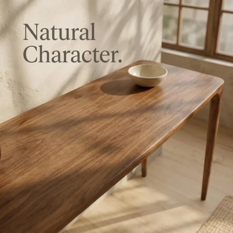 May include: A rectangular wooden table with a smooth, polished surface featuring a visible grain pattern, accompanied by a small, plain white bowl placed on top. The text Natural Character. is printed in dark grey on the wall above the table.