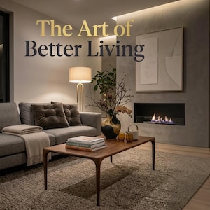 May include: A living room featuring a grey sofa with tufted cushions and a beige throw, a wooden coffee table with books, a black and gold vase with branches, a floor lamp, and a fireplace with the text The Art of Better Living displayed above.