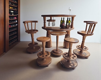 Handmade Solid Wood Wine Console Bar Set: Rustic Home Bar Furniture