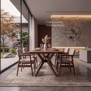Pode incluir: Uma mesa de jantar de madeira com base em cruz e quatro cadeiras estofadas com estrutura de madeira. A mesa está posta com copos e um vaso central contendo erva-das-pampas seca. O texto "Craftsmanship. Enduring Beauty." é visível.