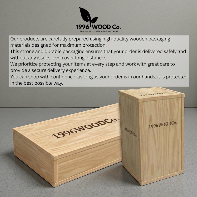 May include: Two wooden boxes, one rectangular and one square, with the text "1996 WOOD Co." printed on them. The boxes are made of light-colored wood and are likely used for packaging.