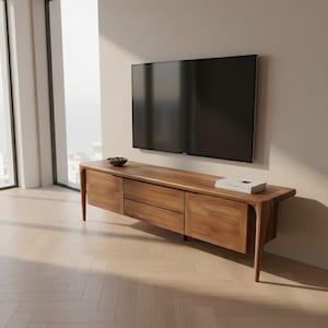May include: A modern wooden TV stand with two drawers and two doors, and a black TV mounted on the wall. A small bowl and a white box are on top of the stand. The stand is made of light brown wood.
