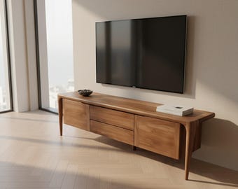 Handcrafted Walnut Wood TV Unit: Rustic Media Console & Storage
