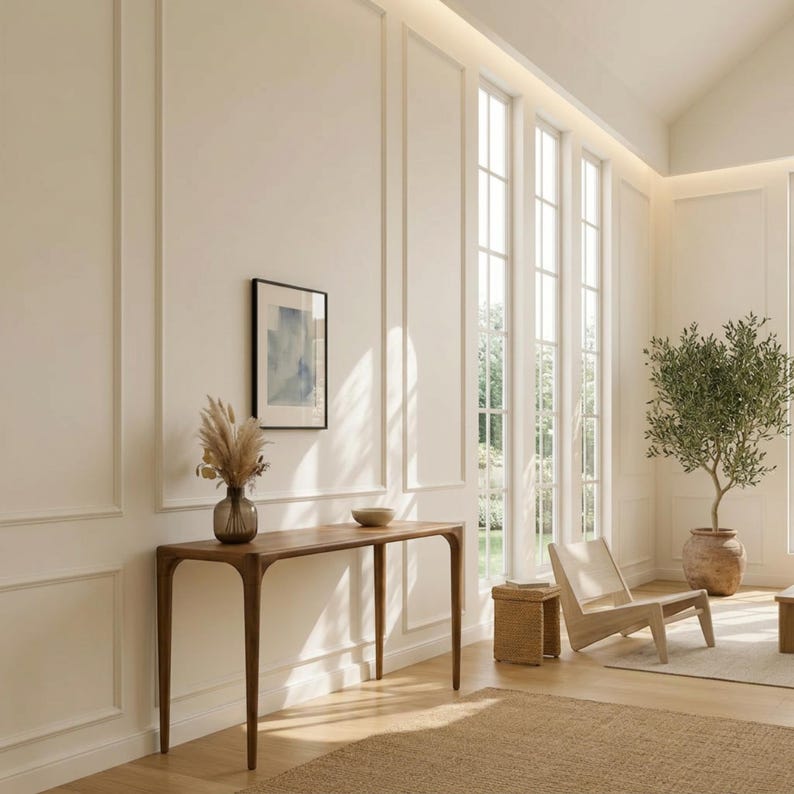 May include: A modern living room with a wooden console table, a framed abstract art piece, and a vase with dried flowers. The room features large windows, a woven rug, a wooden chair, and a potted olive tree, creating a bright and airy atmosphere.