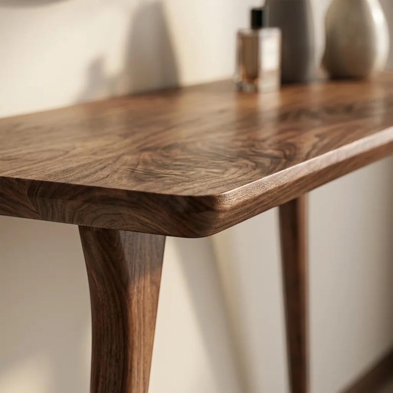 May include: A dark brown wooden console table with a smooth, polished surface showing natural wood grain patterns. The table features rounded edges and tapered legs that extend downward, providing a sturdy base for the furniture piece.
