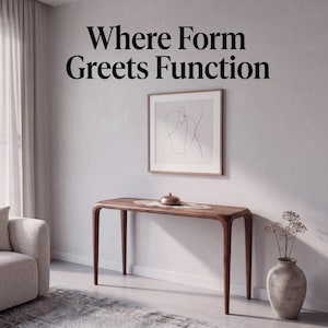 Puede incluir: Una mesa consola de madera oscura con patas curvas y superficie lisa, que incluye un pequeño recipiente metálico con tapa y un tapete de encaje. Sobre la mesa cuelga un cuadro con arte lineal y el texto Where Form Greets Function.