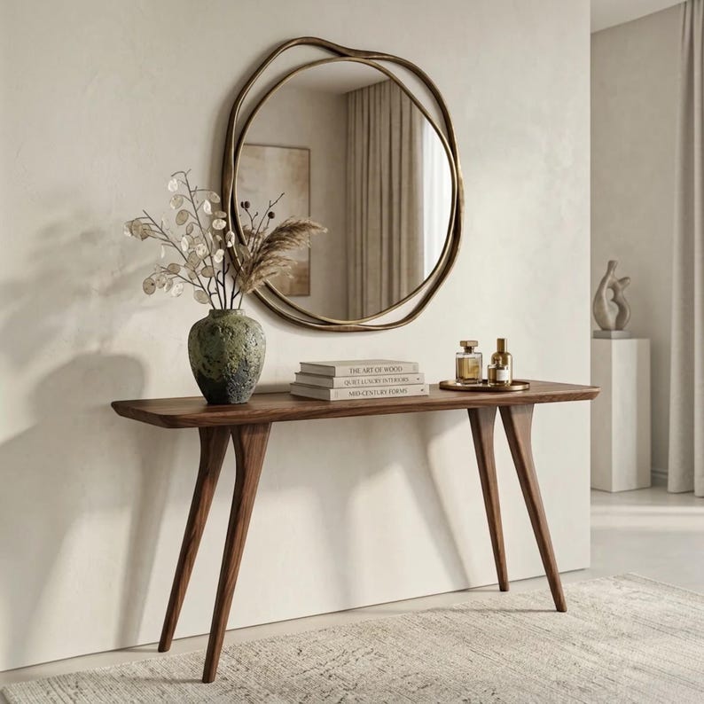 May include: A dark wood console table with four tapered legs, topped with a textured green vase containing dried stems, a stack of three books, and a small tray with two glass bottles. Above sits a large, round mirror with a wavy bronze frame.