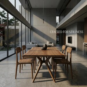Könnte beinhalten: Ein hölzerner Esstisch mit natürlicher Baumkante und vier passenden Holzstühlen. Der Tisch hat ein zentrales Gestell mit schrägen Beinen und zwei dunkle Dekogefäße. Der Text CRAFTED FOR STILLNESS ist im Raum zu sehen.