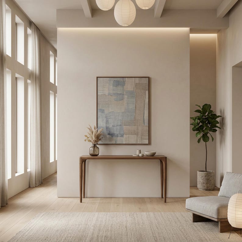 May include: A modern living room with a light color palette. Features include a wooden console table, a framed abstract artwork, a potted plant, and a gray armchair. The room is illuminated by natural light from a large window and overhead paper lanterns.