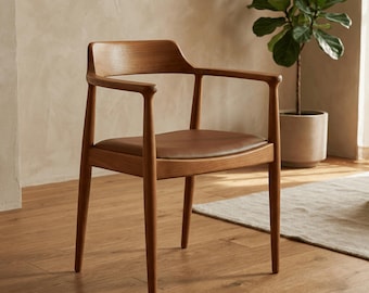 Handmade Wooden Dining Chair with Arms: Modern Solid Wood Kitchen Seating