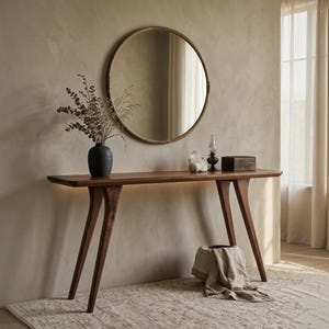 May include: A long, dark wood console table with four tapered legs and integrated under-shelf lighting. On the table sits a matte black vase with dried foliage, a clear crystal cluster, a small oil lamp, and a dark wooden box. A round mirror hangs above.