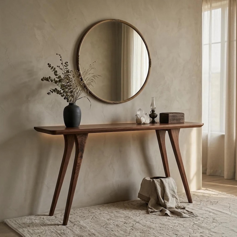 May include: A long, dark wood console table with four tapered legs and integrated under-shelf lighting. On the table sits a matte black vase with dried foliage, a clear crystal cluster, a small oil lamp, and a dark wooden box. A round mirror hangs above.