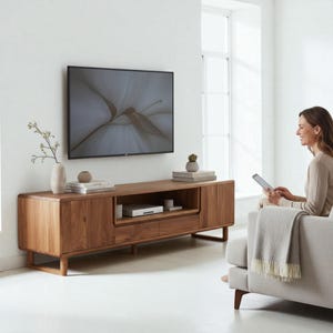 Handcrafted Walnut Wood TV Unit: Rustic Media Console & Storage