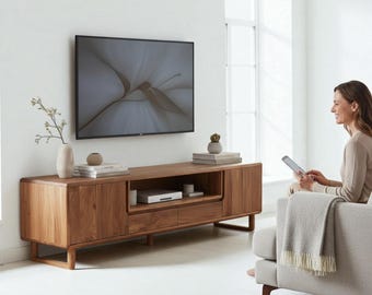 Handcrafted Walnut Wood TV Unit: Rustic Media Console & Storage