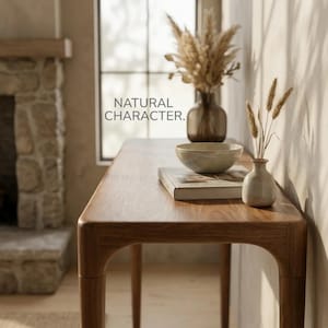 May include: A wooden console table with rounded legs and a smooth surface. On the table sits a book, a ceramic bowl, and a small vase with dried grasses. The text "NATURAL CHARACTER." is visible. A larger vase with dried pampas grass is behind.