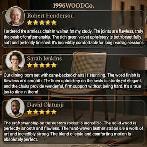 May include: A wooden chair with a cane backrest and a dark wood frame. The image displays three customer reviews for 1996WOODCo. featuring portraits of Robert Henderson, Sarah Jenkins, and David Olatunji, each accompanied by five gold star ratings.