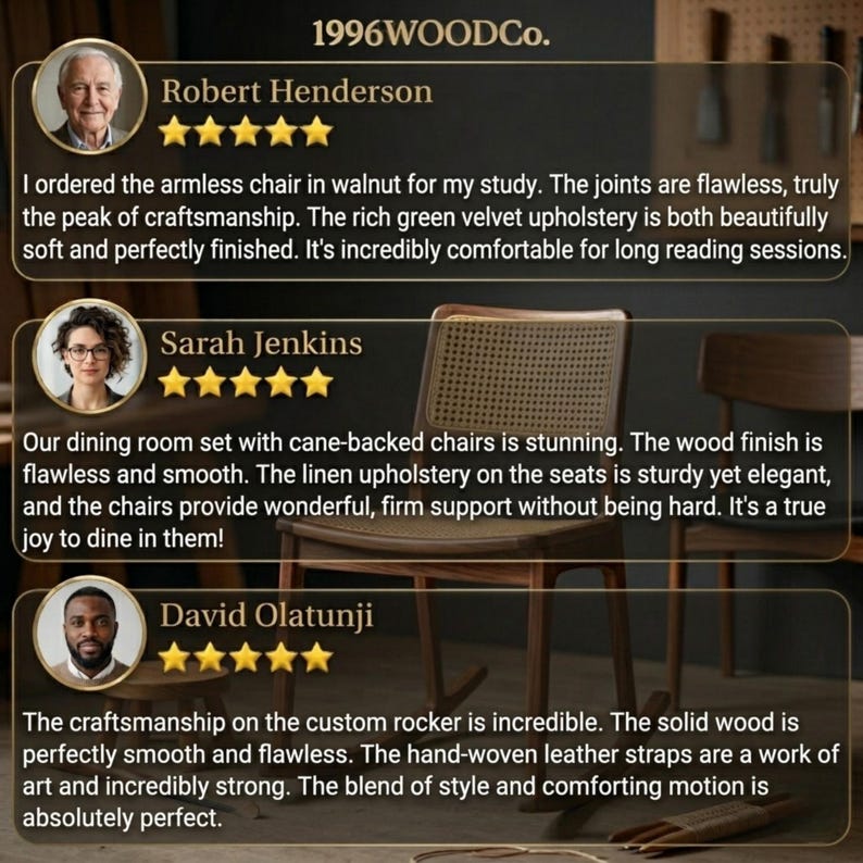 May include: A wooden chair with a cane backrest and a dark wood frame. The image displays three customer reviews for 1996WOODCo. featuring portraits of Robert Henderson, Sarah Jenkins, and David Olatunji, each accompanied by five gold star ratings.