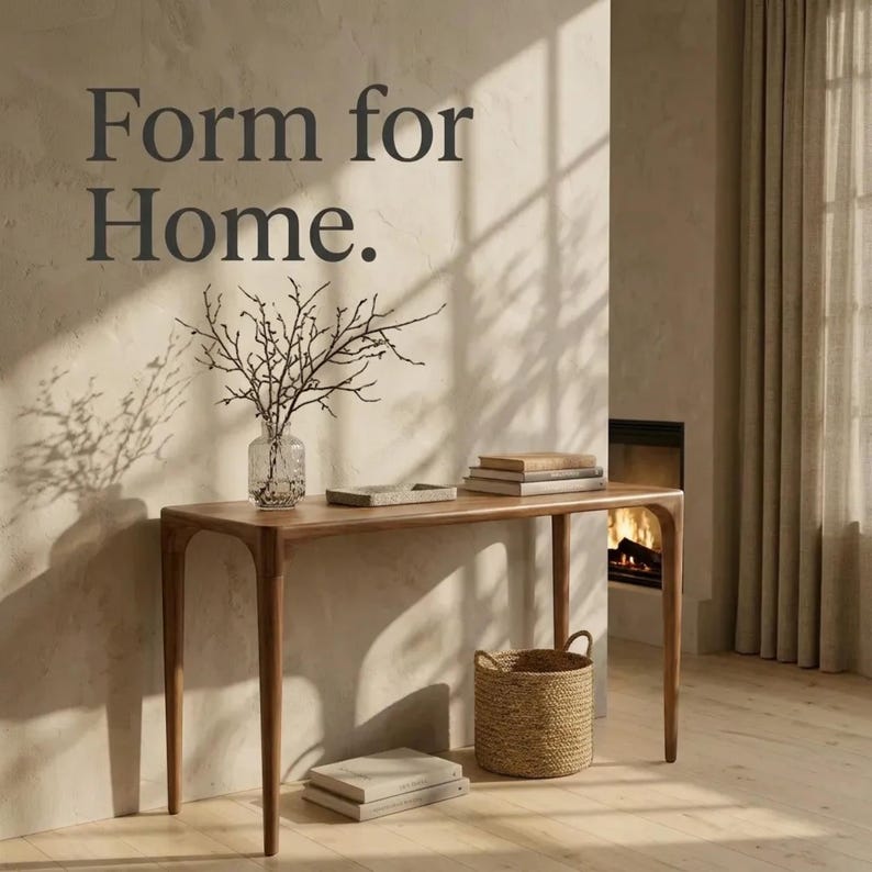 May include: A wooden console table with four tapered legs, featuring a clear glass vase with bare branches, a small rectangular tray, and stacked books on top. The wall displays the dark grey text Form for Home. A woven basket sits below.