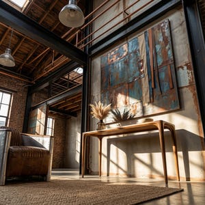 May include: An industrial-style interior featuring a wooden console table with curved legs, a leather armchair, and a large abstract metal wall art piece with blue and rust tones. The room has exposed brick walls, metal beams, and large windows.