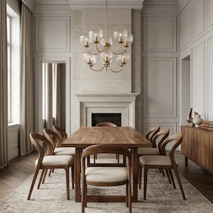 May include: A dining room set featuring a rectangular wooden table and six chairs with curved wooden frames and cream-colored upholstered seats. A multi-arm brass chandelier with ribbed glass globes hangs above. Text reads: Crafted for Enduring Beauty.