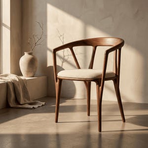 May include: A dark wood armchair featuring a curved backrest that flows into integrated armrests, supported by four tapered legs. The seat is upholstered in a light beige, textured fabric, providing a contrast to the smooth, polished wooden frame.