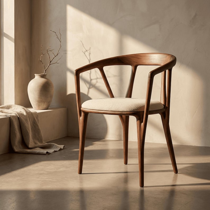 May include: A dark wood armchair featuring a curved backrest that flows into integrated armrests, supported by four tapered legs. The seat is upholstered in a light beige, textured fabric, providing a contrast to the smooth, polished wooden frame.
