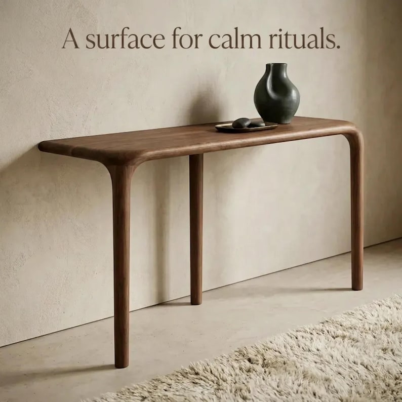 Peut inclure: Une console en bois brun aux bords arrondis et quatre pieds, surmont&eacute;e d'un vase en c&eacute;ramique gris fonc&eacute; et d'un petit plateau sombre. Le texte "A surface for calm rituals." est imprim&eacute; au-dessus de la table en police serif brun fonc&eacute;.