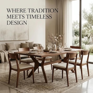 Puede incluir: Una mesa de comedor de madera con seis sillas con asientos tapizados en color crema. La mesa está puesta con platos, vasos y un florero. El texto "WHERE TRADITION MEETS TIMELESS DESIGN" es visible en la esquina superior izquierda de la imagen.