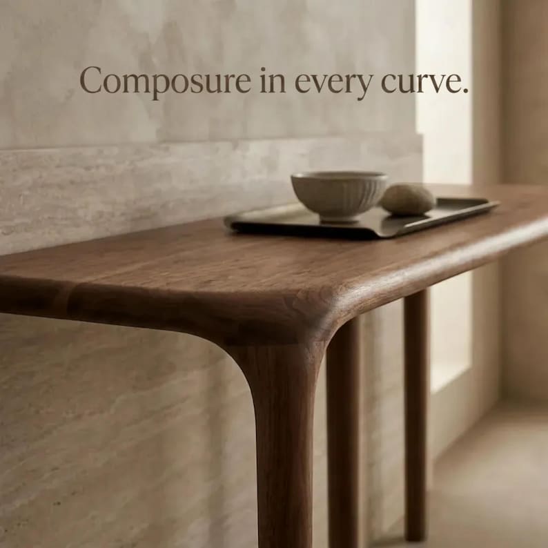 Peut inclure: Une console en bois aux bords arrondis et aux pieds cylindriques. Sur la surface repose un plateau rectangulaire contenant un petit bol en c&eacute;ramique nervur&eacute; et une pierre lisse et arrondie. Le texte "Composure in every curve." est visible.