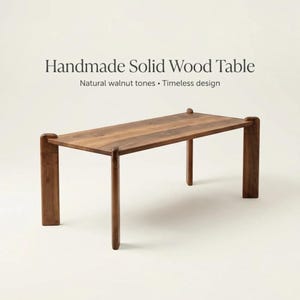 Puede incluir: Una mesa rectangular de madera maciza hecha a mano con tonos de nogal natural. La mesa tiene una superficie plana sostenida por cuatro patas gruesas y rectas que se conectan a las esquinas con uniones redondeadas. Texto: Handmade Solid Wood Table.