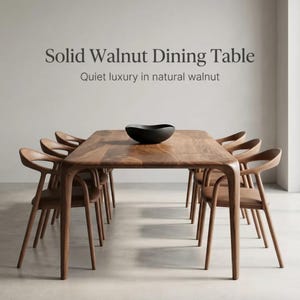 Op de afbeelding: Een rechthoekige eettafel van massief walnoothout met afgeronde hoeken en zes bijpassende houten stoelen met gebogen rugleuningen. Een zwarte kom staat in het midden. De tekst "Solid Walnut Dining Table" en "Quiet luxury in natural walnut" is zichtbaar.