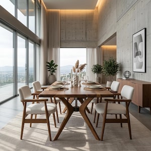 Mesa de comedor artesanal de nogal macizo – Tamaños personalizados, acabado natural, mobiliario moderno de lujo