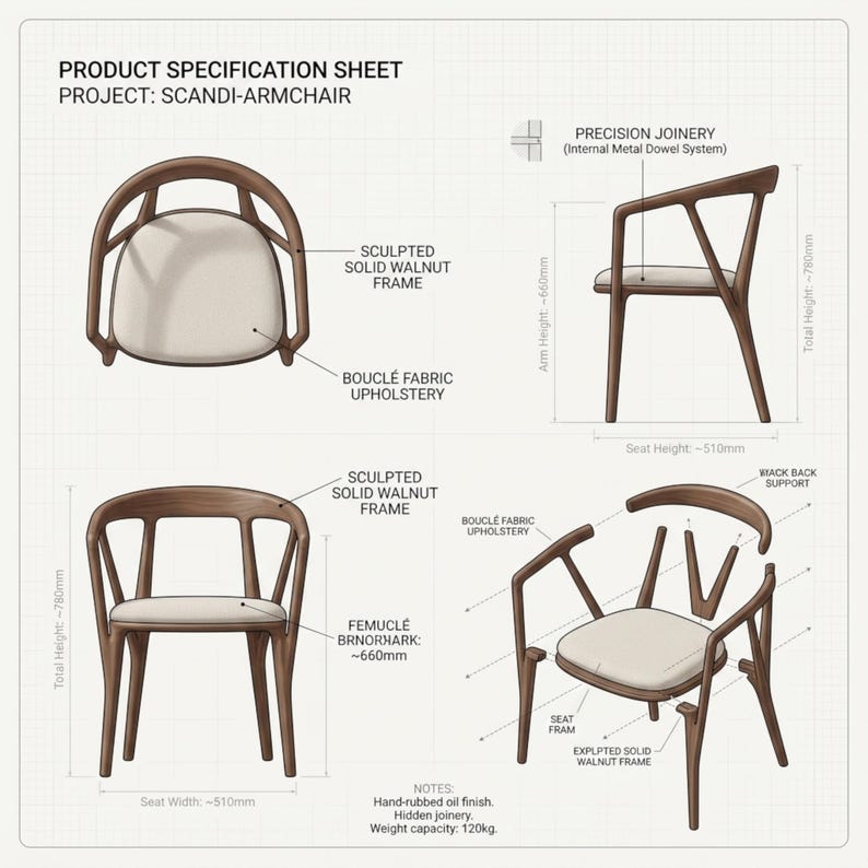 May include: A product specification sheet for a Scandi-armchair featuring a sculpted solid walnut frame and boucl&eacute; fabric upholstery. The diagram displays top, side, and front views with labels for precision joinery, dimensions, and assembly parts.