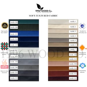 May include: A color swatch chart for soft-textured fabric featuring two columns of labeled samples ranging from Antik 1 to Antik 125. The chart includes the 1996 WOOD Co. logo, text labels for fabric qualities, and icons representing durability and ease of cleaning.