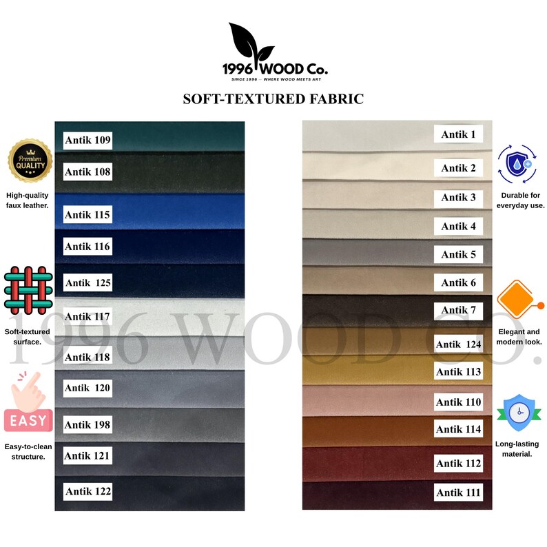May include: A color swatch chart for soft-textured fabric featuring two columns of labeled samples ranging from Antik 1 to Antik 125. The chart includes the 1996 WOOD Co. logo, text labels for fabric qualities, and icons representing durability and ease of cleaning.