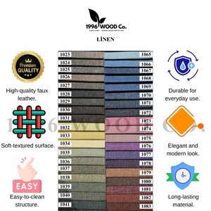 May include: A fabric swatch sample chart from 1996 WOOD Co. labeled LINEN, featuring two vertical columns of numbered color swatches ranging from 1023 to 1083. The chart includes icons for quality, texture, and durability, with text labels including Premium Quality, Durable for everyday use, Soft-textured surface, and Easy-to-clean structure.