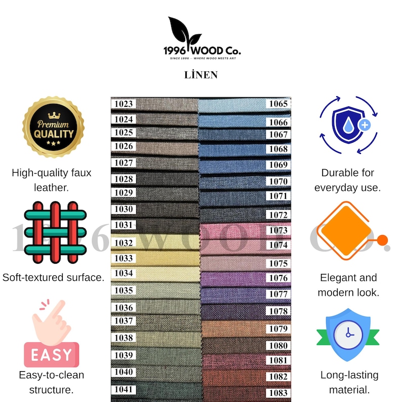 May include: A fabric swatch sample chart from 1996 WOOD Co. labeled LINEN, featuring two vertical columns of numbered color swatches ranging from 1023 to 1083. The chart includes icons for quality, texture, and durability, with text labels including Premium Quality, Durable for everyday use, Soft-textured surface, and Easy-to-clean structure.
