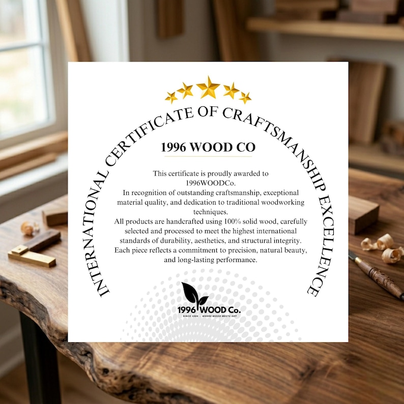 May include: A certificate of craftsmanship from 1996 Wood Co. is displayed on a wooden surface. The certificate features gold stars and text that highlights the company's dedication to quality and craftsmanship. The company logo is at the bottom.