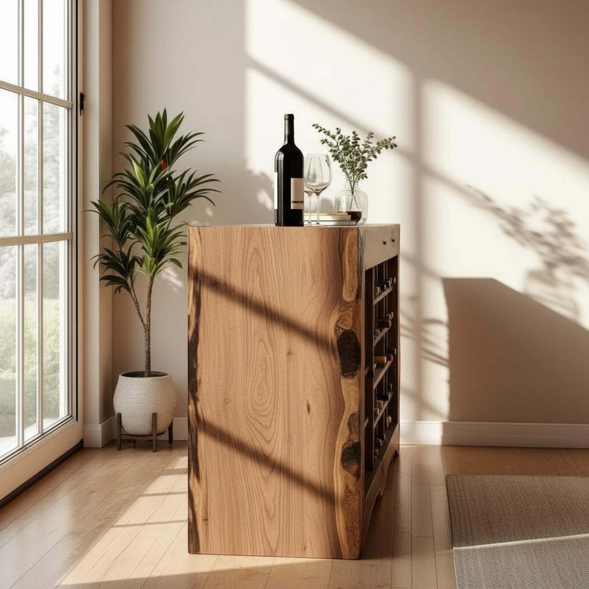 Walnut Wood Wine Rack Kitchen Cabinet Shelf | Mini Wine Bar and Liquor ...