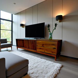Handcrafted Walnut Wood TV Unit: Rustic Media Console & Storage