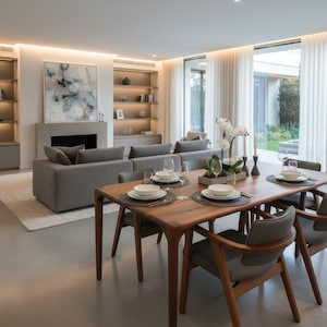 Può includere: Un moderno soggiorno con zona pranzo. Un tavolo da pranzo in legno è apparecchiato con piatti bianchi, bicchieri e posate. Sedie grigie circondano il tavolo. Un divano grigio e un camino sono sullo sfondo, insieme a un grande dipinto astratto e scaffali a muro.