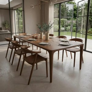 Könnte beinhalten: Ein rechteckiger Holzesstisch mit abgerundeten Ecken und konisch zulaufenden Beinen, umgeben von sechs passenden Holzstühlen mit geschwungenen Rückenlehnen. Der Tisch ist mit weißen Tellern, klaren Gläsern und zwei zylindrischen Vasen gedeckt.