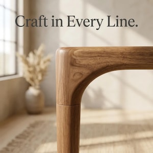 May include: A light brown wooden table leg with a smooth, curved joint connecting to the tabletop. The wood grain is visible throughout the surface. The text "Craft in Every Line." is printed in dark grey letters above the wooden furniture piece.