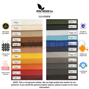 May include: A color swatch chart for faux leather featuring twenty-two labeled samples in various shades including white, beige, brown, yellow, orange, red, olive, gray, black, and blue. The chart includes the 1996 WOOD Co. logo and text.