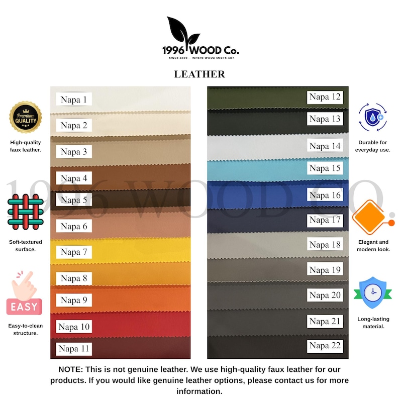 May include: A color swatch chart for faux leather featuring twenty-two labeled samples in various shades including white, beige, brown, yellow, orange, red, olive, gray, black, and blue. The chart includes the 1996 WOOD Co. logo and text.
