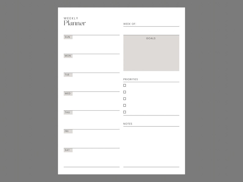 Undated Printable Sunday Start Weekly Planner With to Do, Priorities, Notes WO1P Digital Planner ...