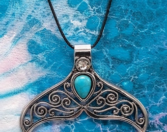 Silver Whale Tail Pendant: Turquoise Howlite, Faux Leather Cord