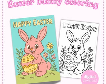 Easter Bunny Digital Download – 'Happy Easter' Coloring Page for Kids – Cute Easter Bunny with Egg