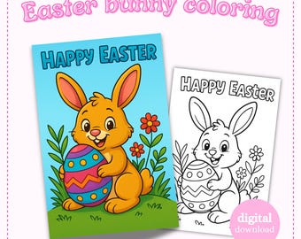 Easter Bunny Digital Download – 'Happy Easter' Coloring Page for Kids – Cute Easter Bunny with Egg